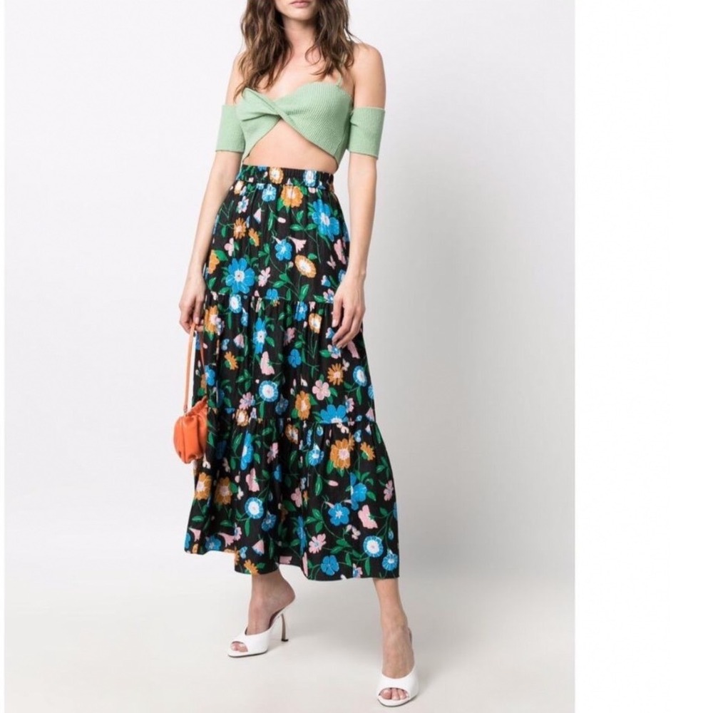 Kate Spade New York Black Floral Silk Blend Tiered‎ Maxi Skirt Small